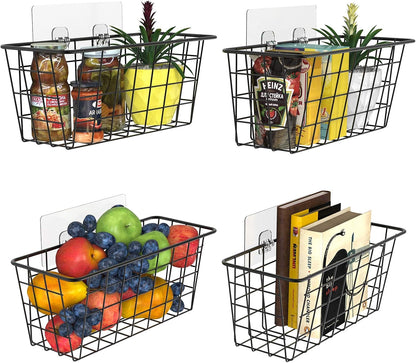 MaraFansie Hanging Kitchen Baskets, Wire Storage Basket Over Cabinet Door Organizer with Adhesive Hooks, No Drilling Pantry & Cabinet Organization for Kitchen Bathroom, Extra 2 Hooks, Black