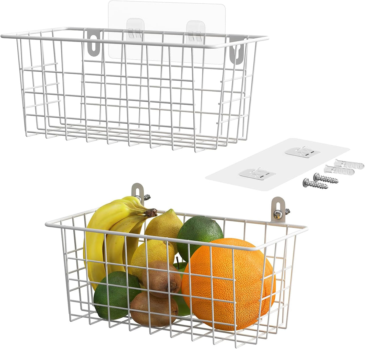 MaraFansie Hanging Kitchen Baskets, Wire Storage Basket Over Cabinet Door Organizer with Adhesive Hooks, No Drilling Pantry & Cabinet Organization for Kitchen Bathroom, Extra 2 Hooks, Black