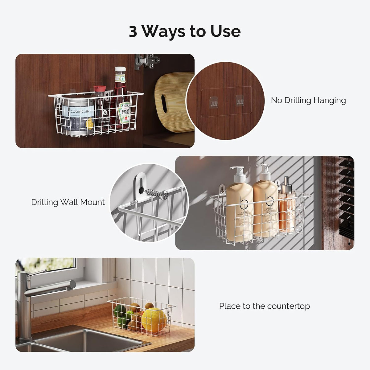 MaraFansie Hanging Kitchen Baskets, Wire Storage Basket Over Cabinet Door Organizer with Adhesive Hooks, No Drilling Pantry & Cabinet Organization for Kitchen Bathroom, Extra 2 Hooks, Black