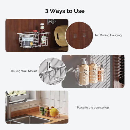 MaraFansie Hanging Kitchen Baskets, Wire Storage Basket Over Cabinet Door Organizer with Adhesive Hooks, No Drilling Pantry & Cabinet Organization for Kitchen Bathroom, Extra 2 Hooks, Black