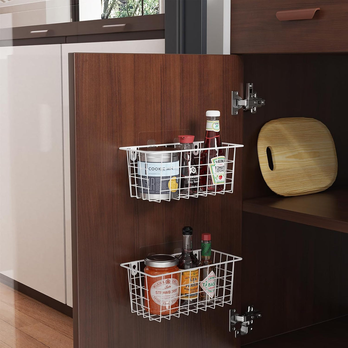 MaraFansie Hanging Kitchen Baskets, Wire Storage Basket Over Cabinet Door Organizer with Adhesive Hooks, No Drilling Pantry & Cabinet Organization for Kitchen Bathroom, Extra 2 Hooks, Black