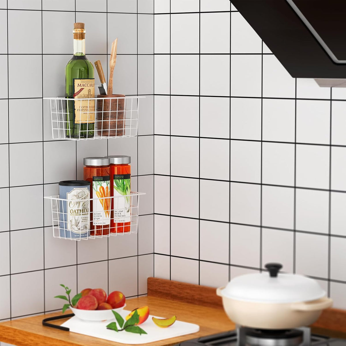 MaraFansie Hanging Kitchen Baskets, Wire Storage Basket Over Cabinet Door Organizer with Adhesive Hooks, No Drilling Pantry & Cabinet Organization for Kitchen Bathroom, Extra 2 Hooks, Black