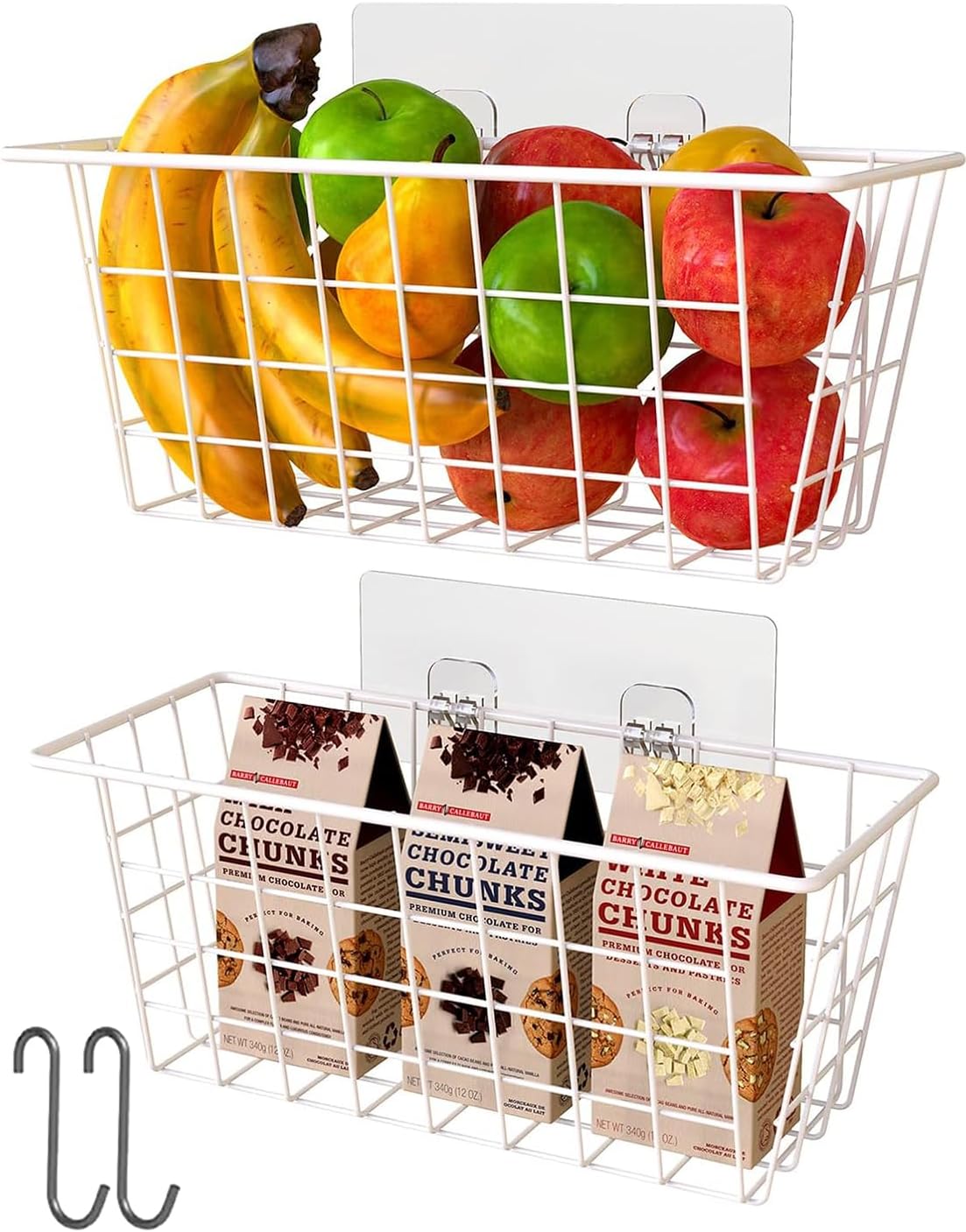 MaraFansie Hanging Kitchen Baskets, Wire Storage Basket Over Cabinet Door Organizer with Adhesive Hooks, No Drilling Pantry & Cabinet Organization for Kitchen Bathroom, Extra 2 Hooks, Black