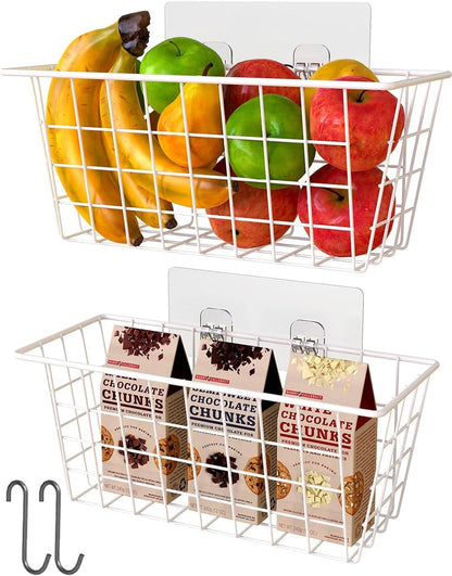 MaraFansie Hanging Kitchen Baskets, Wire Storage Basket Over Cabinet Door Organizer with Adhesive Hooks, No Drilling Pantry & Cabinet Organization for Kitchen Bathroom, Extra 2 Hooks, Black