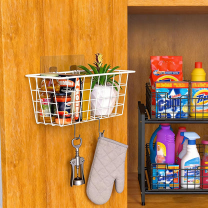 MaraFansie Hanging Kitchen Baskets, Wire Storage Basket Over Cabinet Door Organizer with Adhesive Hooks, No Drilling Pantry & Cabinet Organization for Kitchen Bathroom, Extra 2 Hooks, Black