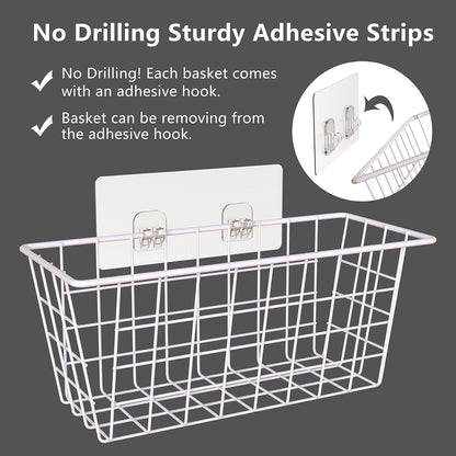 MaraFansie Hanging Kitchen Baskets, Wire Storage Basket Over Cabinet Door Organizer with Adhesive Hooks, No Drilling Pantry & Cabinet Organization for Kitchen Bathroom, Extra 2 Hooks, Black