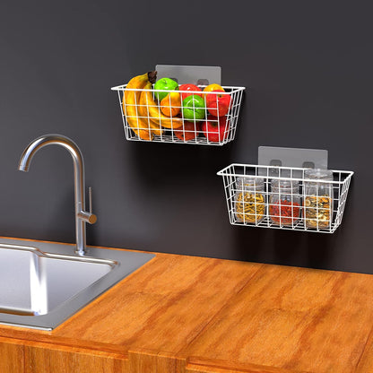 MaraFansie Hanging Kitchen Baskets, Wire Storage Basket Over Cabinet Door Organizer with Adhesive Hooks, No Drilling Pantry & Cabinet Organization for Kitchen Bathroom, Extra 2 Hooks, Black