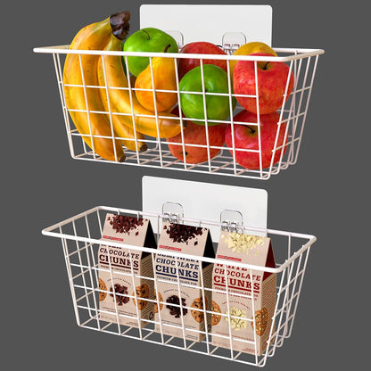 MaraFansie Hanging Kitchen Baskets, Wire Storage Basket Over Cabinet Door Organizer with Adhesive Hooks, No Drilling Pantry & Cabinet Organization for Kitchen Bathroom, Extra 2 Hooks, Black