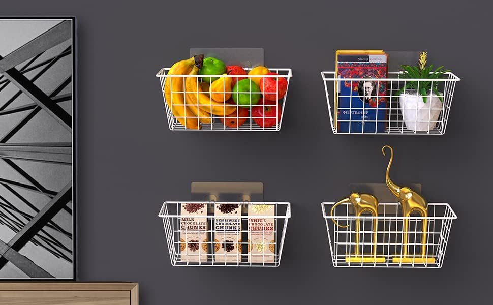 MaraFansie Hanging Kitchen Baskets, Wire Storage Basket Over Cabinet Door Organizer with Adhesive Hooks, No Drilling Pantry & Cabinet Organization for Kitchen Bathroom, Extra 2 Hooks, Black