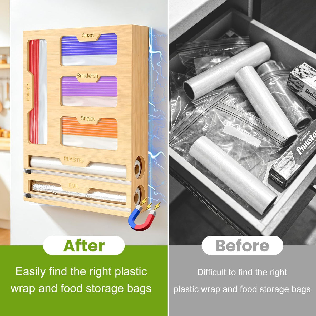 6-in-1 Magnetic Food Bag Storage Organizer for Drawer and Refrigerator, Bamboo Bag Organizer and Plastic Wrap Dispenser with Cutter, Fits Gallon, Quart, Sandwich, Snack Bags