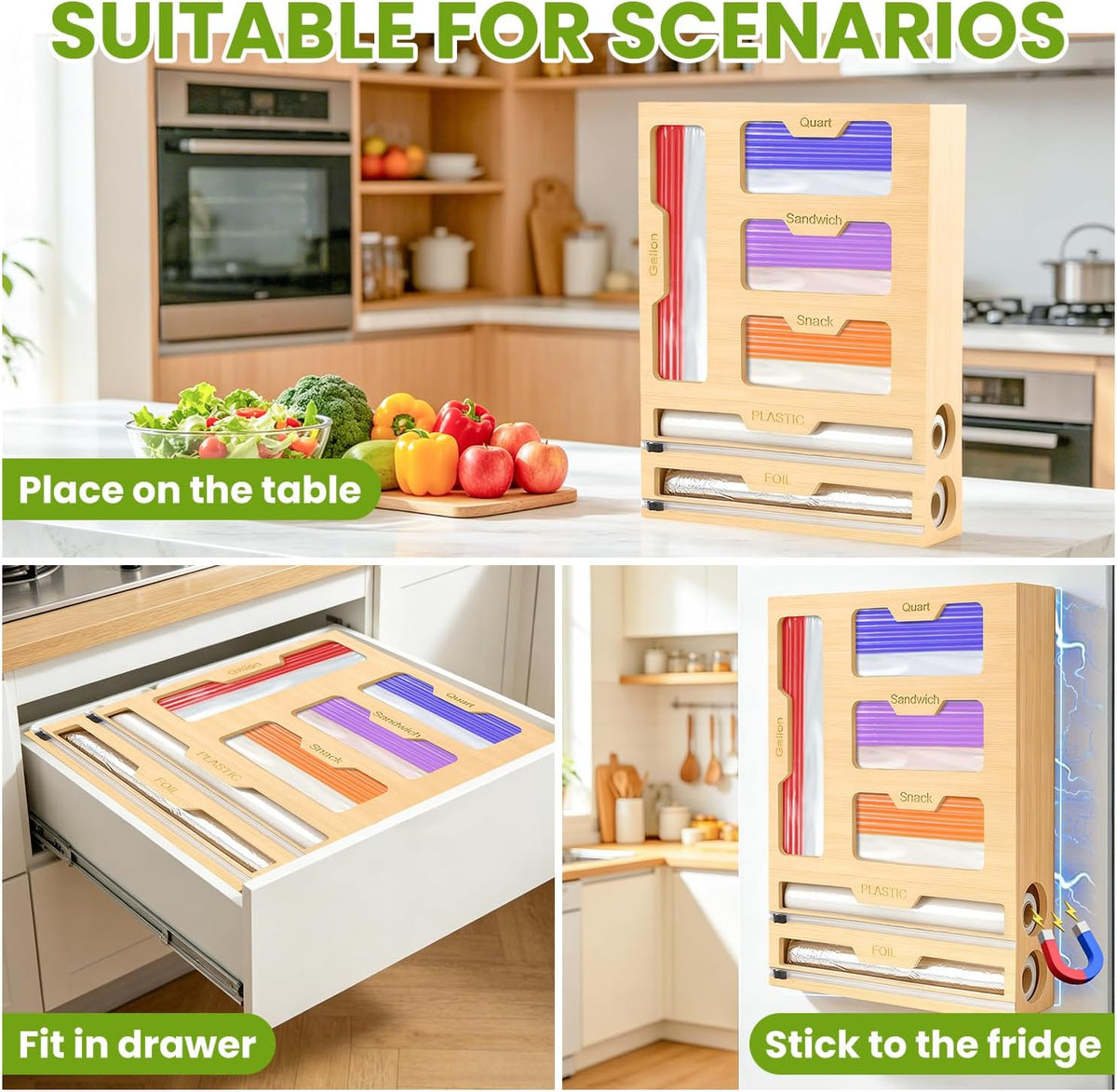 6-in-1 Magnetic Food Bag Storage Organizer for Drawer and Refrigerator, Bamboo Bag Organizer and Plastic Wrap Dispenser with Cutter, Fits Gallon, Quart, Sandwich, Snack Bags