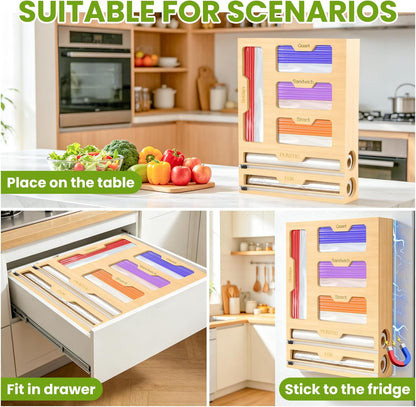 6-in-1 Magnetic Food Bag Storage Organizer for Drawer and Refrigerator, Bamboo Bag Organizer and Plastic Wrap Dispenser with Cutter, Fits Gallon, Quart, Sandwich, Snack Bags