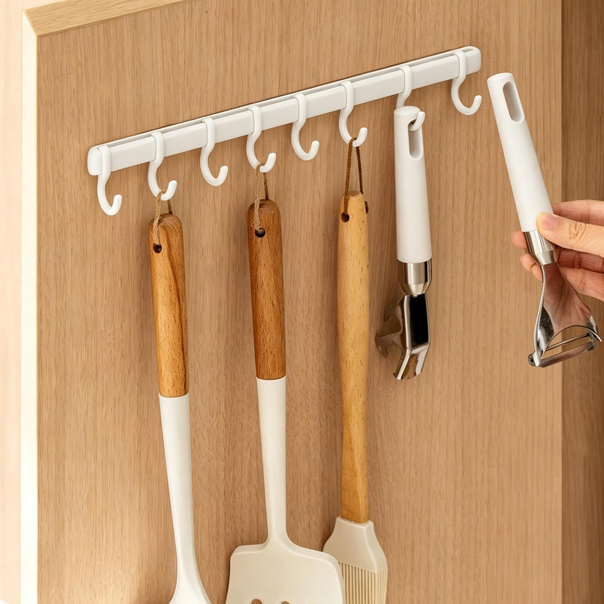 Adjustable Cabinet Door Hooks with 8 Hooks Self-Adhesive Kitchen Utensil Hanger, No Drill Wall Hooks for Cabinet Door, Pantry, Bathroom, RV, Sticky Hooks for Hanging Spatula, Towel, Cleaning Tools