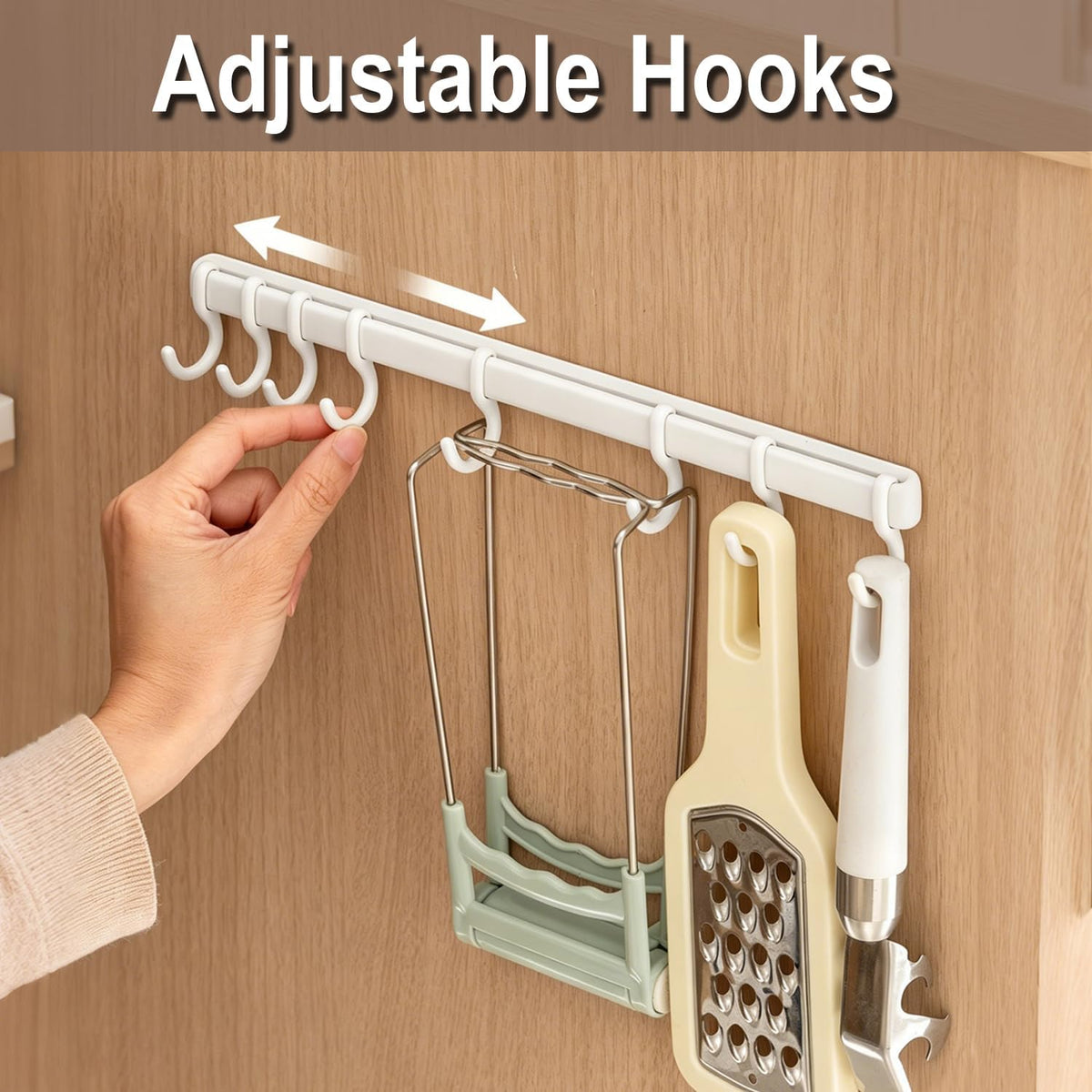 Adjustable Cabinet Door Hooks with 8 Hooks Self-Adhesive Kitchen Utensil Hanger, No Drill Wall Hooks for Cabinet Door, Pantry, Bathroom, RV, Sticky Hooks for Hanging Spatula, Towel, Cleaning Tools