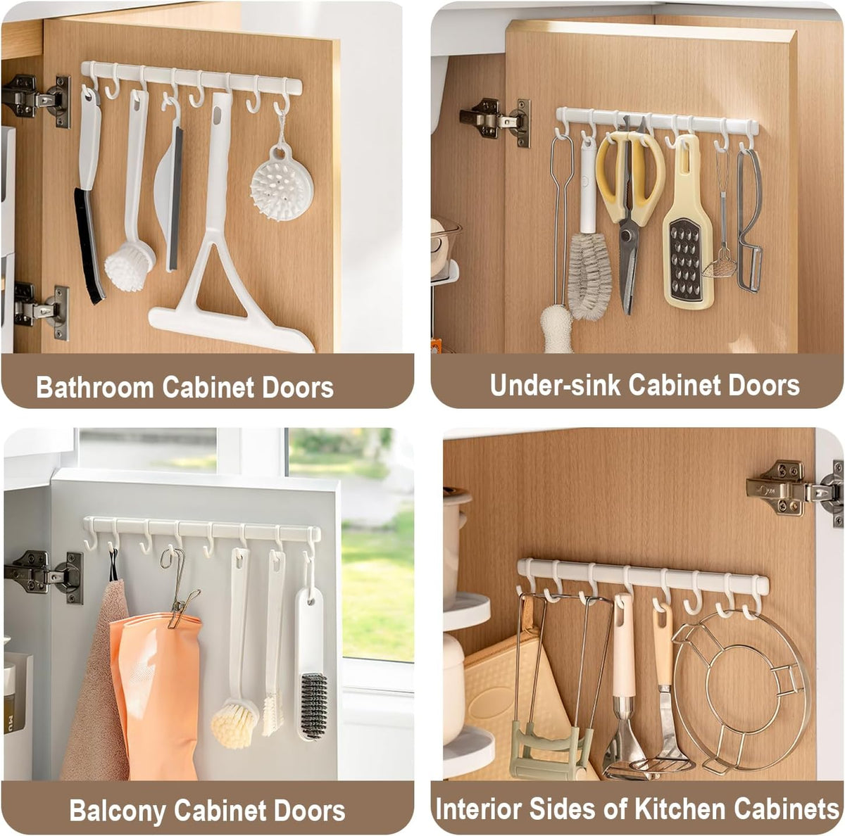 Adjustable Cabinet Door Hooks with 8 Hooks Self-Adhesive Kitchen Utensil Hanger, No Drill Wall Hooks for Cabinet Door, Pantry, Bathroom, RV, Sticky Hooks for Hanging Spatula, Towel, Cleaning Tools