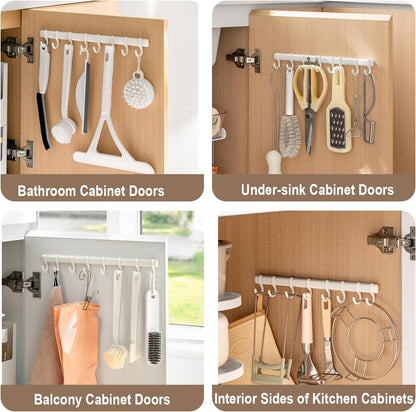 Adjustable Cabinet Door Hooks with 8 Hooks Self-Adhesive Kitchen Utensil Hanger, No Drill Wall Hooks for Cabinet Door, Pantry, Bathroom, RV, Sticky Hooks for Hanging Spatula, Towel, Cleaning Tools