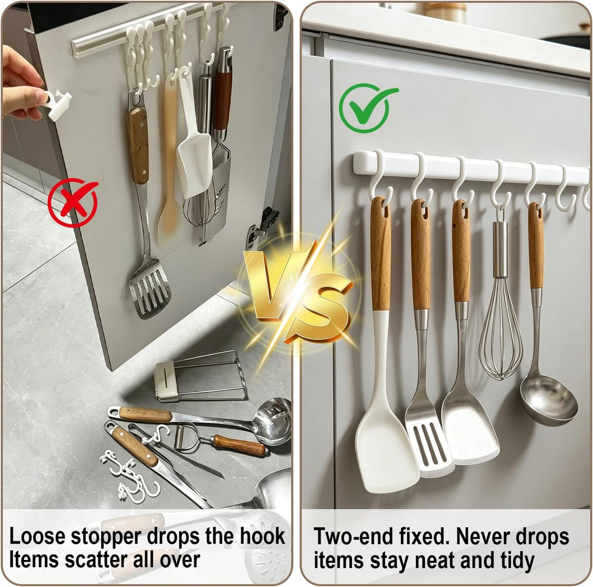 Adjustable Cabinet Door Hooks with 8 Hooks Self-Adhesive Kitchen Utensil Hanger, No Drill Wall Hooks for Cabinet Door, Pantry, Bathroom, RV, Sticky Hooks for Hanging Spatula, Towel, Cleaning Tools