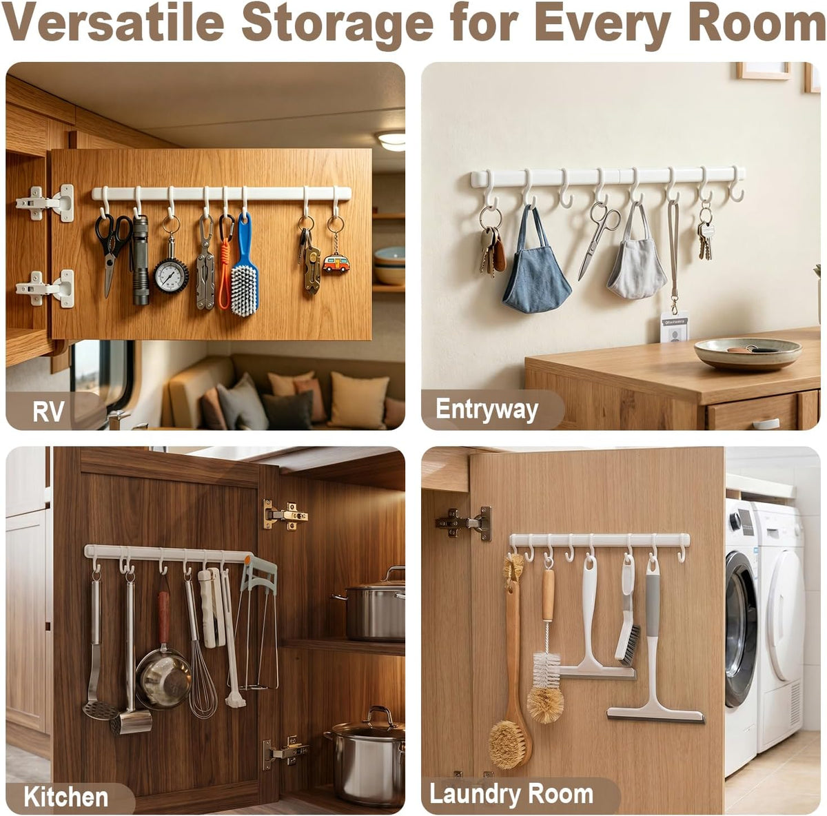 Adjustable Cabinet Door Hooks with 8 Hooks Self-Adhesive Kitchen Utensil Hanger, No Drill Wall Hooks for Cabinet Door, Pantry, Bathroom, RV, Sticky Hooks for Hanging Spatula, Towel, Cleaning Tools