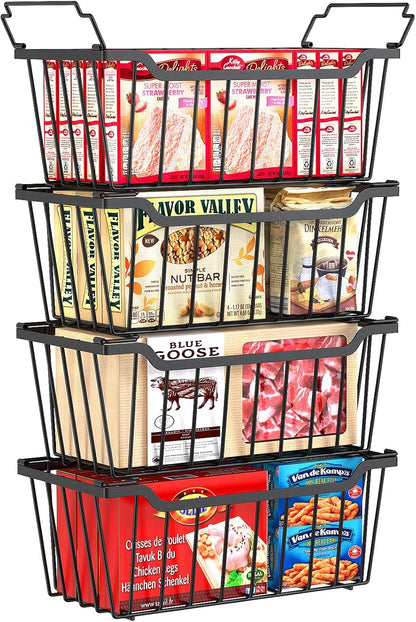 Freezer Organizer Bins, 4 Pack Stackable Chest Freezer Organizer for 5-7 Cu.FT Deep Freezer Sort Frozen Meats and Food, Freezer Storage Baskets with Handles Easy Reach from Bottom, Black | Chest Freezer Organizer for 5-7 Cu.FT Deep Freezer to Sort Frozen