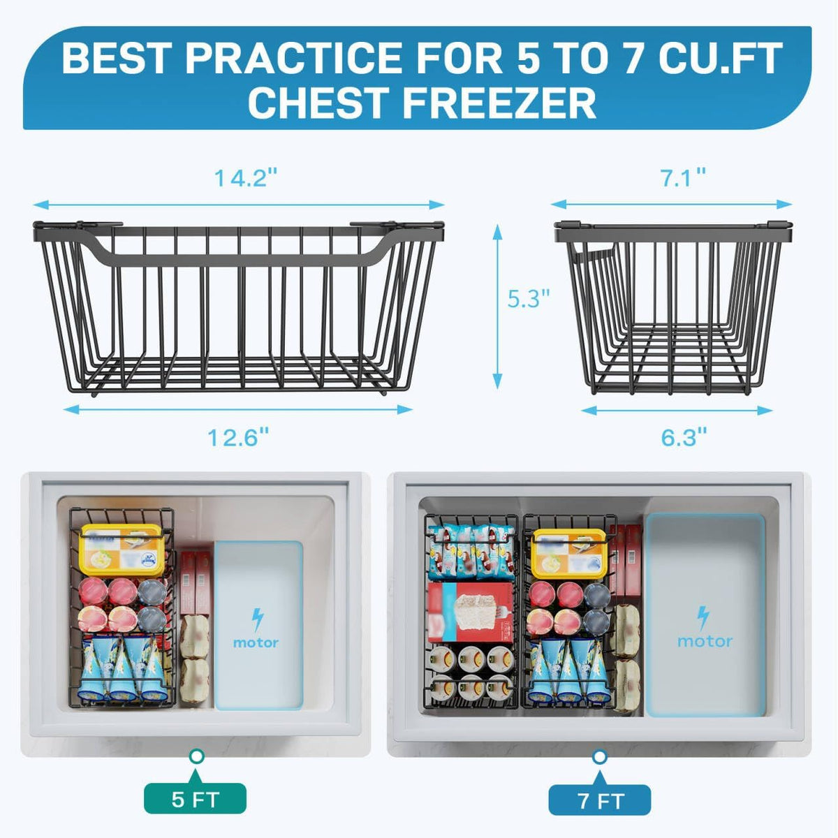 Freezer Organizer Bins, 4 Pack Stackable Chest Freezer Organizer for 5-7 Cu.FT Deep Freezer Sort Frozen Meats and Food, Freezer Storage Baskets with Handles Easy Reach from Bottom, Black | Chest Freezer Organizer for 5-7 Cu.FT Deep Freezer to Sort Frozen