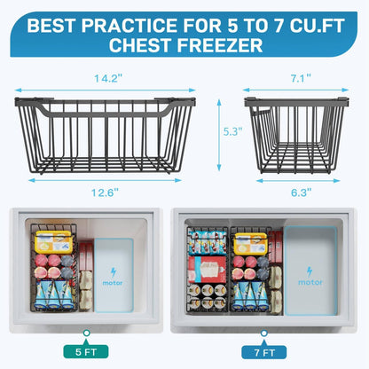 Freezer Organizer Bins, 4 Pack Stackable Chest Freezer Organizer for 5-7 Cu.FT Deep Freezer Sort Frozen Meats and Food, Freezer Storage Baskets with Handles Easy Reach from Bottom, Black | Chest Freezer Organizer for 5-7 Cu.FT Deep Freezer to Sort Frozen
