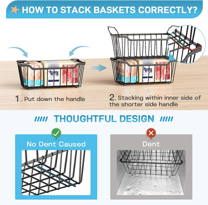 Freezer Organizer Bins, 4 Pack Stackable Chest Freezer Organizer for 5-7 Cu.FT Deep Freezer Sort Frozen Meats and Food, Freezer Storage Baskets with Handles Easy Reach from Bottom, Black | Chest Freezer Organizer for 5-7 Cu.FT Deep Freezer to Sort Frozen