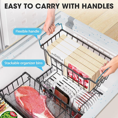 Freezer Organizer Bins, 4 Pack Stackable Chest Freezer Organizer for 5-7 Cu.FT Deep Freezer Sort Frozen Meats and Food, Freezer Storage Baskets with Handles Easy Reach from Bottom, Black | Chest Freezer Organizer for 5-7 Cu.FT Deep Freezer to Sort Frozen