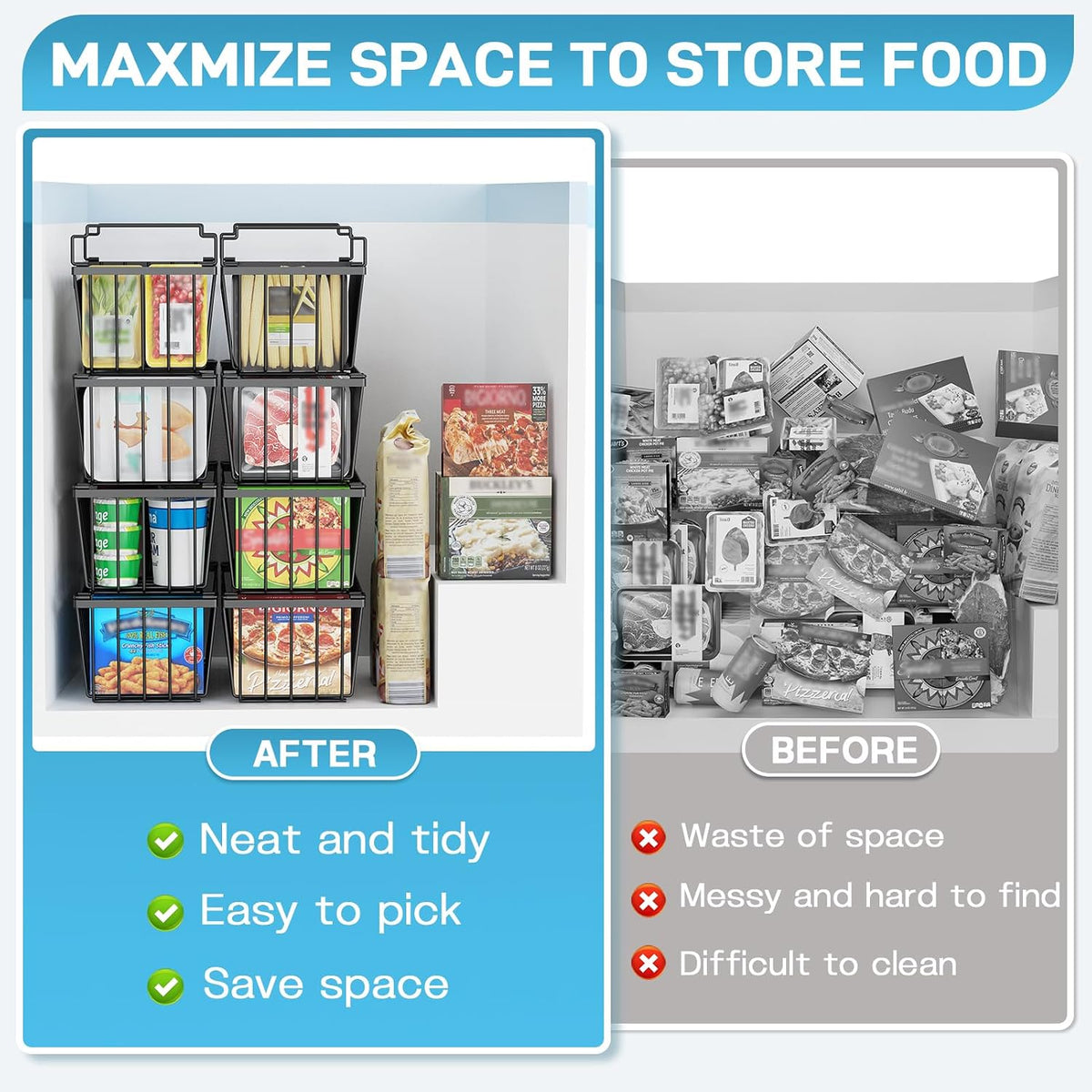 Freezer Organizer Bins, 4 Pack Stackable Chest Freezer Organizer for 5-7 Cu.FT Deep Freezer Sort Frozen Meats and Food, Freezer Storage Baskets with Handles Easy Reach from Bottom, Black | Chest Freezer Organizer for 5-7 Cu.FT Deep Freezer to Sort Frozen