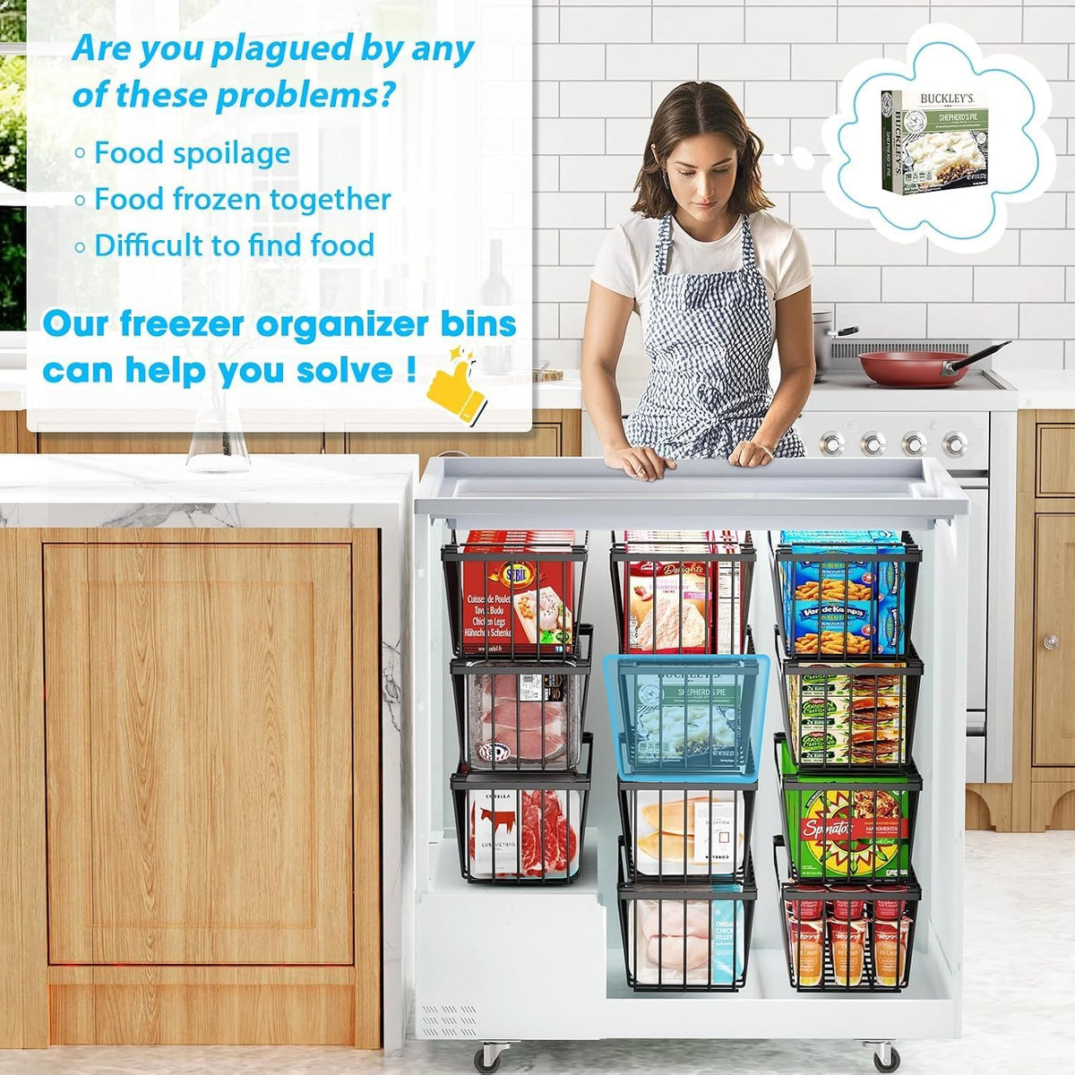 Freezer Organizer Bins, 4 Pack Stackable Chest Freezer Organizer for 5-7 Cu.FT Deep Freezer Sort Frozen Meats and Food, Freezer Storage Baskets with Handles Easy Reach from Bottom, Black | Chest Freezer Organizer for 5-7 Cu.FT Deep Freezer to Sort Frozen