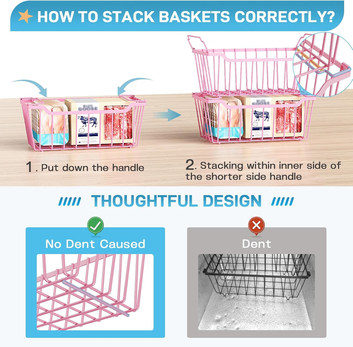 Freezer Organizer Bins, 4 Pack Stackable Chest Freezer Organizer for 5-7 Cu.FT Deep Freezer Sort Frozen Meats and Food, Freezer Storage Baskets with Handles Easy Reach from Bottom, Black | Chest Freezer Organizer for 5-7 Cu.FT Deep Freezer to Sort Frozen