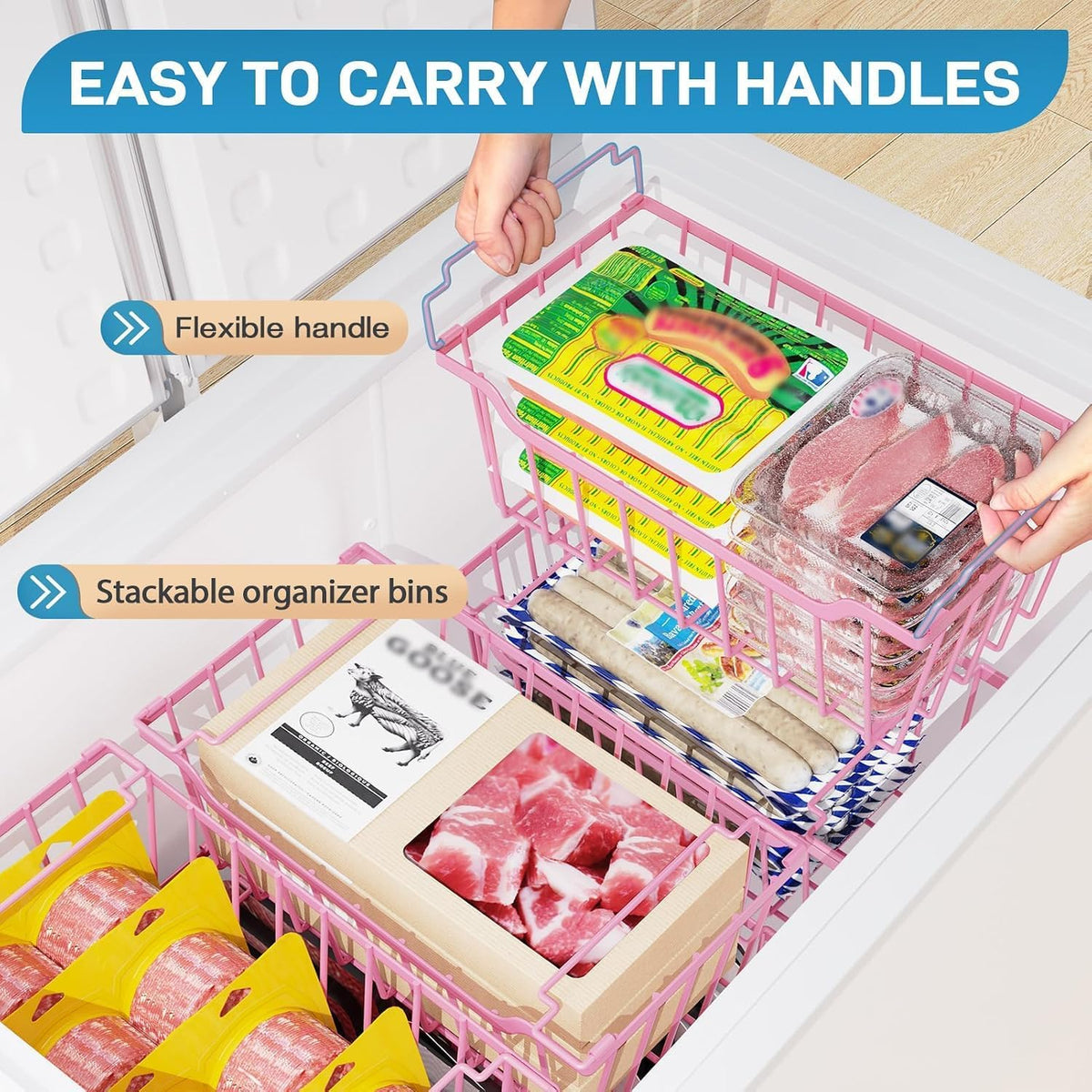 Freezer Organizer Bins, 4 Pack Stackable Chest Freezer Organizer for 5-7 Cu.FT Deep Freezer Sort Frozen Meats and Food, Freezer Storage Baskets with Handles Easy Reach from Bottom, Black | Chest Freezer Organizer for 5-7 Cu.FT Deep Freezer to Sort Frozen
