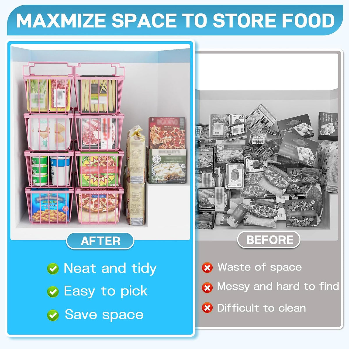 Freezer Organizer Bins, 4 Pack Stackable Chest Freezer Organizer for 5-7 Cu.FT Deep Freezer Sort Frozen Meats and Food, Freezer Storage Baskets with Handles Easy Reach from Bottom, Black | Chest Freezer Organizer for 5-7 Cu.FT Deep Freezer to Sort Frozen
