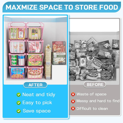 Freezer Organizer Bins, 4 Pack Stackable Chest Freezer Organizer for 5-7 Cu.FT Deep Freezer Sort Frozen Meats and Food, Freezer Storage Baskets with Handles Easy Reach from Bottom, Black | Chest Freezer Organizer for 5-7 Cu.FT Deep Freezer to Sort Frozen