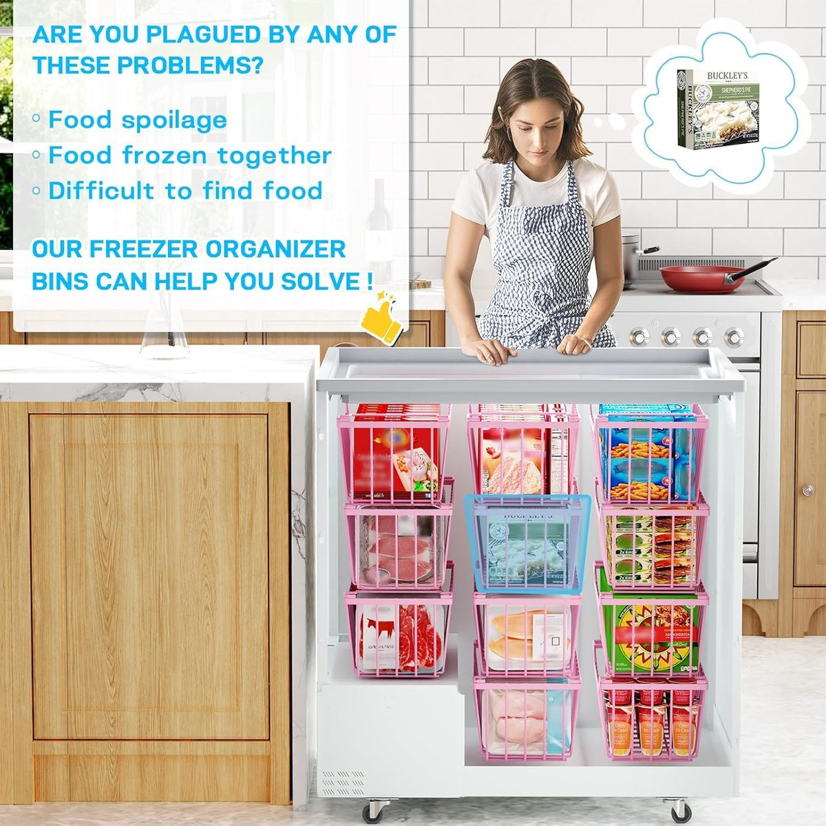 Freezer Organizer Bins, 4 Pack Stackable Chest Freezer Organizer for 5-7 Cu.FT Deep Freezer Sort Frozen Meats and Food, Freezer Storage Baskets with Handles Easy Reach from Bottom, Black | Chest Freezer Organizer for 5-7 Cu.FT Deep Freezer to Sort Frozen