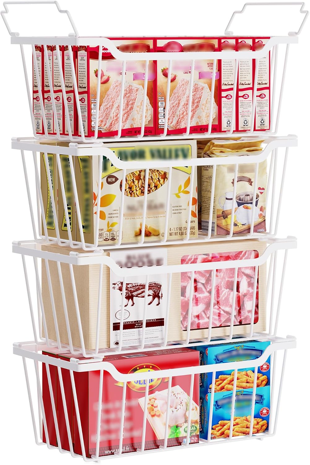 Freezer Organizer Bins, 4 Pack Stackable Chest Freezer Organizer for 5-7 Cu.FT Deep Freezer Sort Frozen Meats and Food, Freezer Storage Baskets with Handles Easy Reach from Bottom, Black | Chest Freezer Organizer for 5-7 Cu.FT Deep Freezer to Sort Frozen