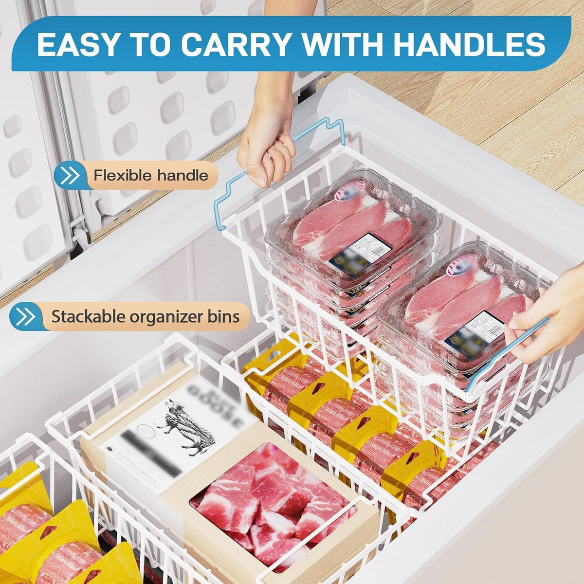 Freezer Organizer Bins, 4 Pack Stackable Chest Freezer Organizer for 5-7 Cu.FT Deep Freezer Sort Frozen Meats and Food, Freezer Storage Baskets with Handles Easy Reach from Bottom, Black | Chest Freezer Organizer for 5-7 Cu.FT Deep Freezer to Sort Frozen