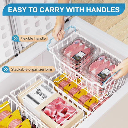 Freezer Organizer Bins, 4 Pack Stackable Chest Freezer Organizer for 5-7 Cu.FT Deep Freezer Sort Frozen Meats and Food, Freezer Storage Baskets with Handles Easy Reach from Bottom, Black | Chest Freezer Organizer for 5-7 Cu.FT Deep Freezer to Sort Frozen