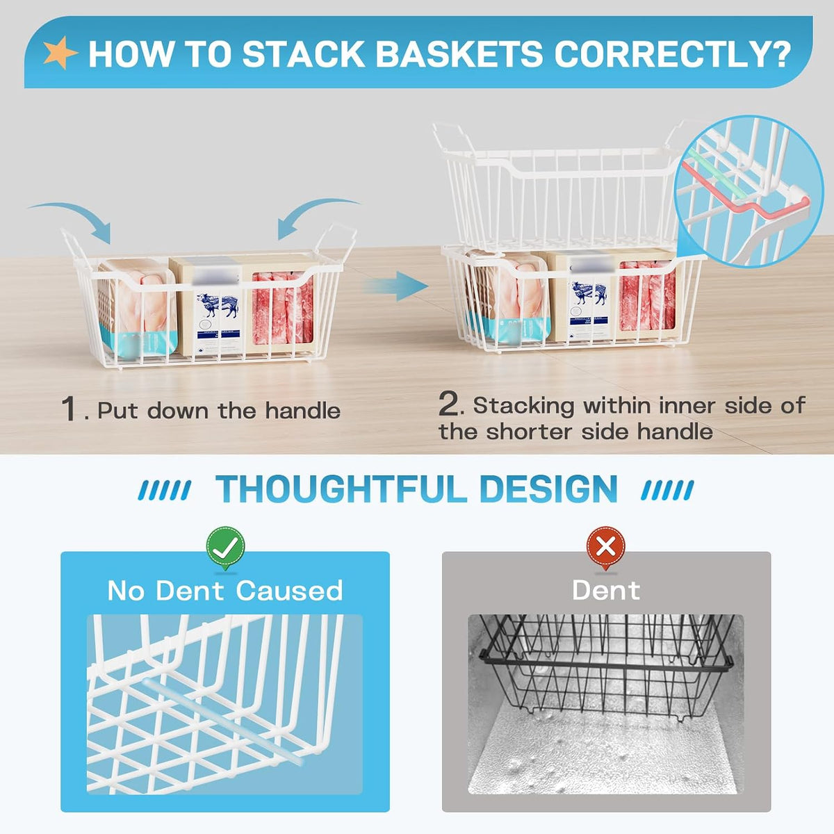 Freezer Organizer Bins, 4 Pack Stackable Chest Freezer Organizer for 5-7 Cu.FT Deep Freezer Sort Frozen Meats and Food, Freezer Storage Baskets with Handles Easy Reach from Bottom, Black | Chest Freezer Organizer for 5-7 Cu.FT Deep Freezer to Sort Frozen