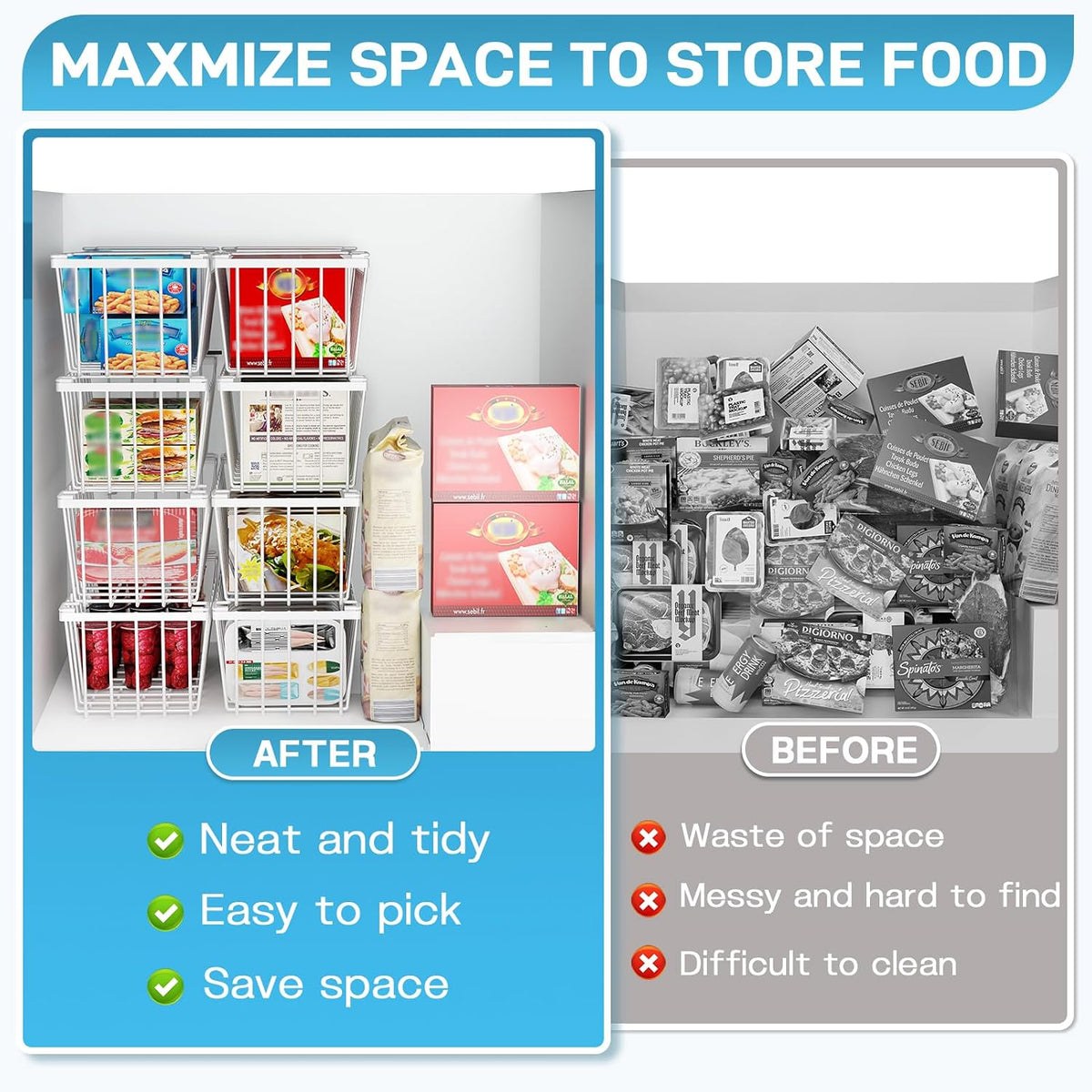 Freezer Organizer Bins, 4 Pack Stackable Chest Freezer Organizer for 5-7 Cu.FT Deep Freezer Sort Frozen Meats and Food, Freezer Storage Baskets with Handles Easy Reach from Bottom, Black | Chest Freezer Organizer for 5-7 Cu.FT Deep Freezer to Sort Frozen