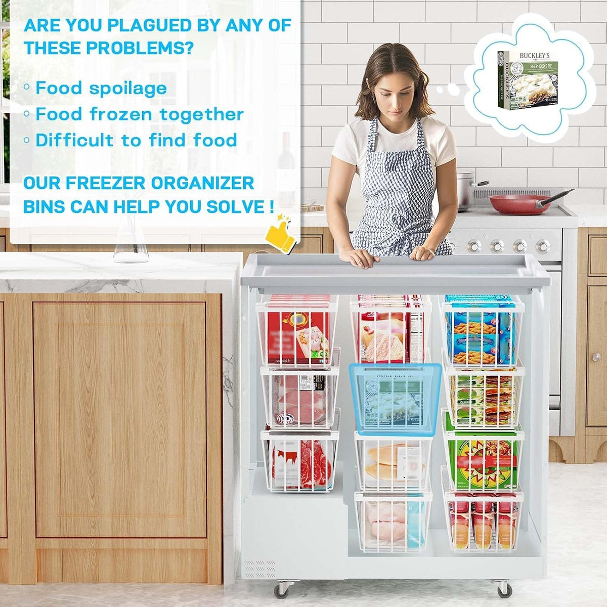 Freezer Organizer Bins, 4 Pack Stackable Chest Freezer Organizer for 5-7 Cu.FT Deep Freezer Sort Frozen Meats and Food, Freezer Storage Baskets with Handles Easy Reach from Bottom, Black | Chest Freezer Organizer for 5-7 Cu.FT Deep Freezer to Sort Frozen