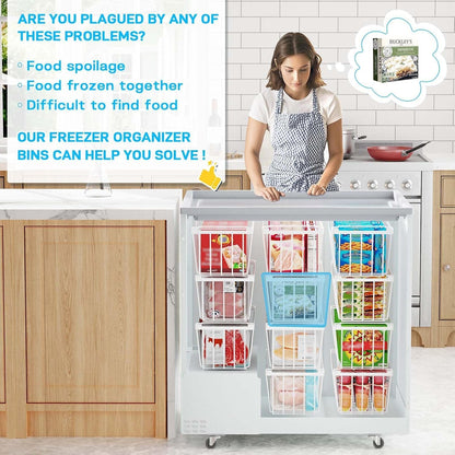 Freezer Organizer Bins, 4 Pack Stackable Chest Freezer Organizer for 5-7 Cu.FT Deep Freezer Sort Frozen Meats and Food, Freezer Storage Baskets with Handles Easy Reach from Bottom, Black | Chest Freezer Organizer for 5-7 Cu.FT Deep Freezer to Sort Frozen