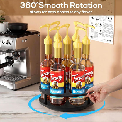 Rotating Coffee Syrup Organizer for Countertop, 9-Bottle Wooden Syrup Rack & Bottle Holder for Coffee Bar Station, Turntable Display Stand, Black