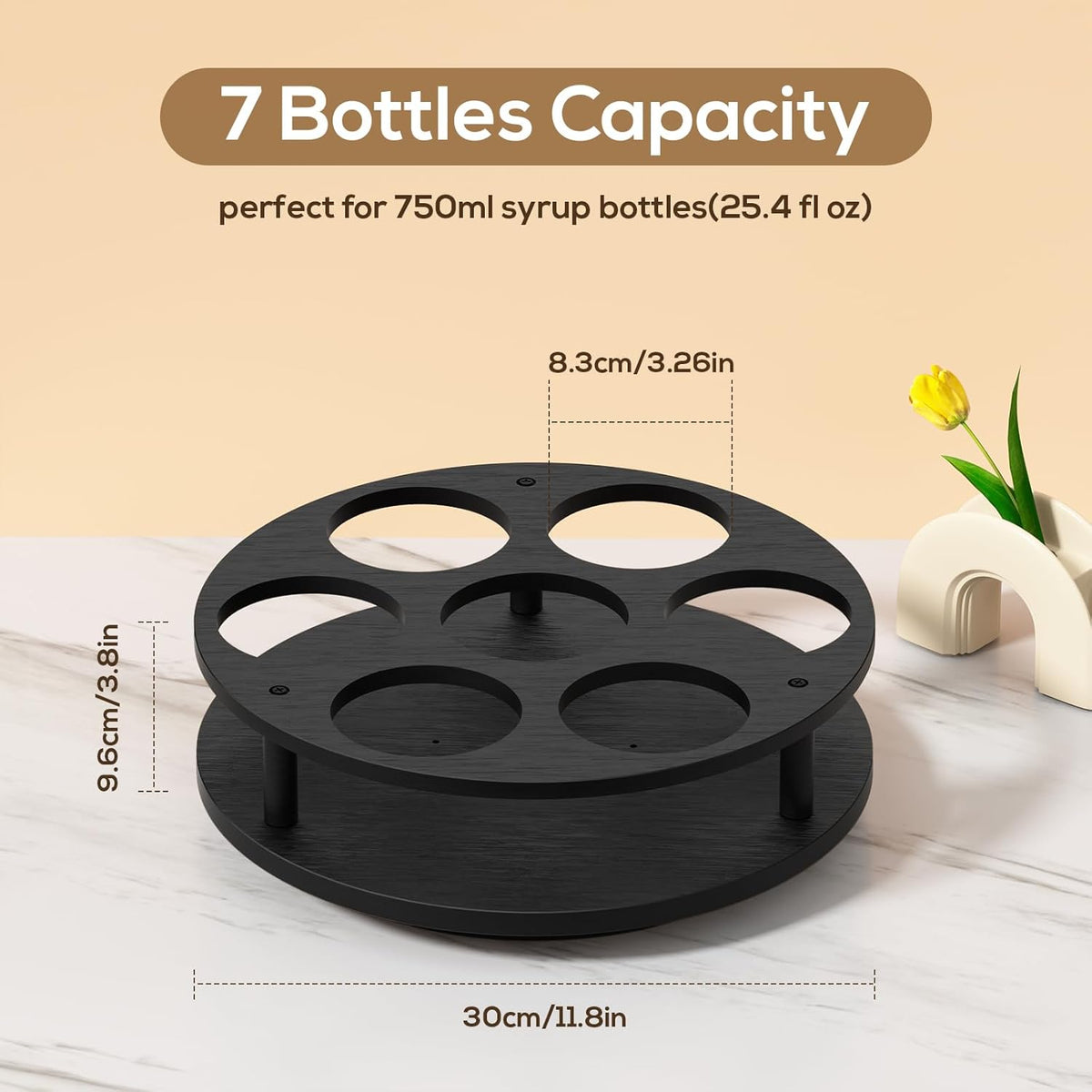 Rotating Coffee Syrup Organizer for Countertop, 9-Bottle Wooden Syrup Rack & Bottle Holder for Coffee Bar Station, Turntable Display Stand, Black