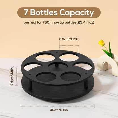 Rotating Coffee Syrup Organizer for Countertop, 9-Bottle Wooden Syrup Rack & Bottle Holder for Coffee Bar Station, Turntable Display Stand, Black