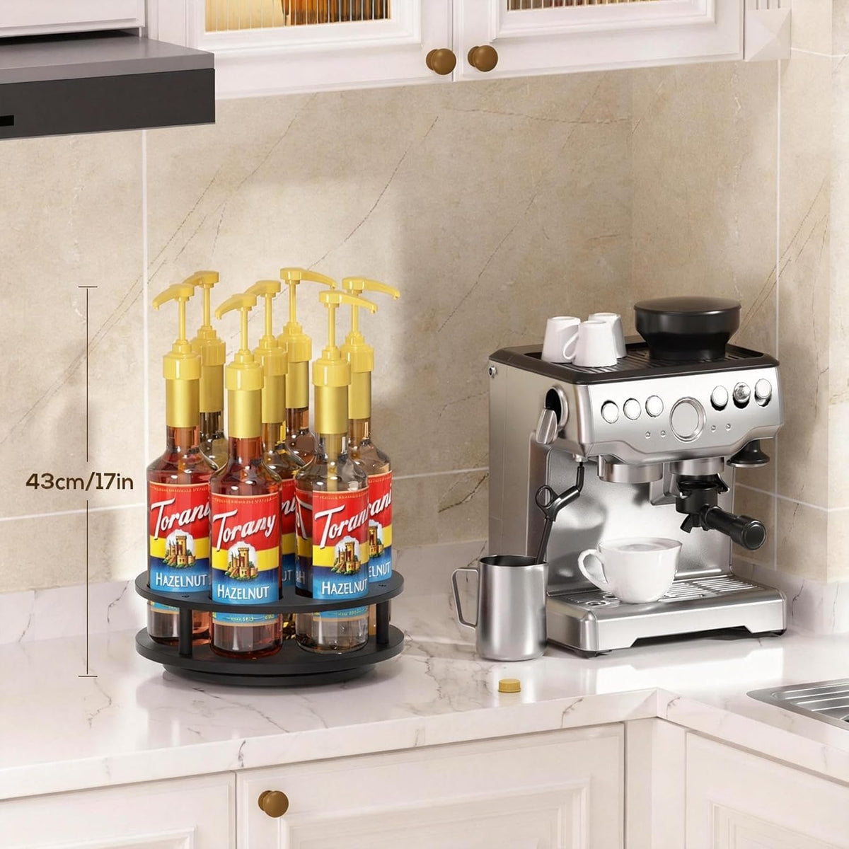 Rotating Coffee Syrup Organizer for Countertop, 9-Bottle Wooden Syrup Rack & Bottle Holder for Coffee Bar Station, Turntable Display Stand, Black