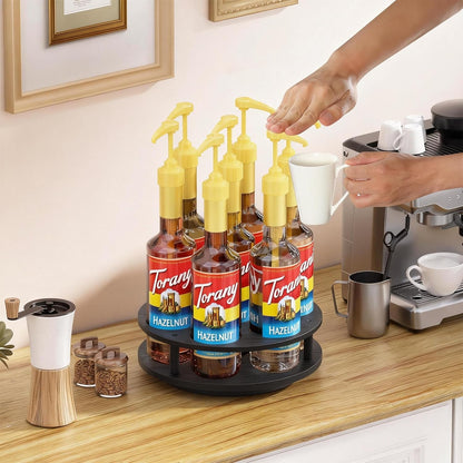 Rotating Coffee Syrup Organizer for Countertop, 9-Bottle Wooden Syrup Rack & Bottle Holder for Coffee Bar Station, Turntable Display Stand, Black