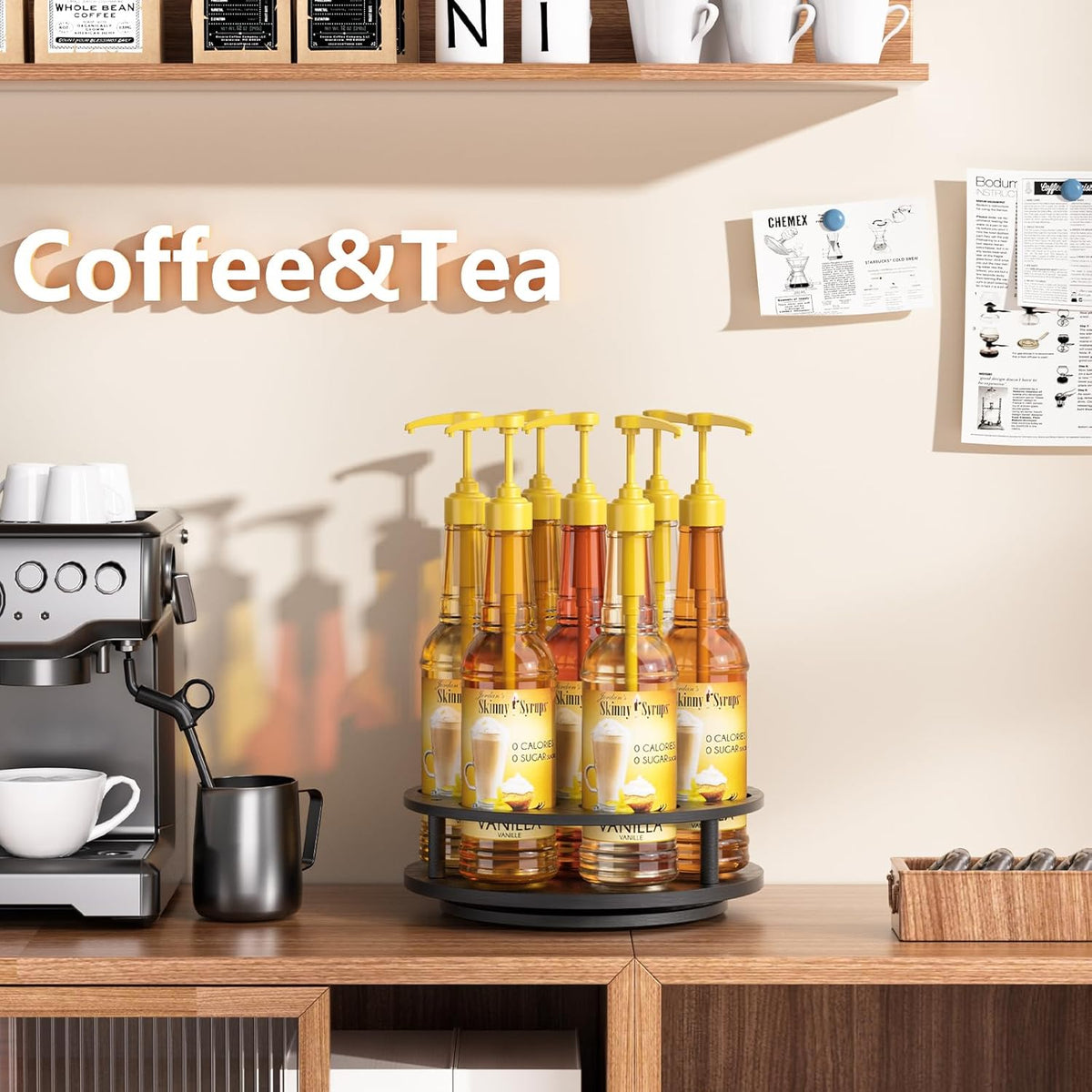 Rotating Coffee Syrup Organizer for Countertop, 9-Bottle Wooden Syrup Rack & Bottle Holder for Coffee Bar Station, Turntable Display Stand, Black