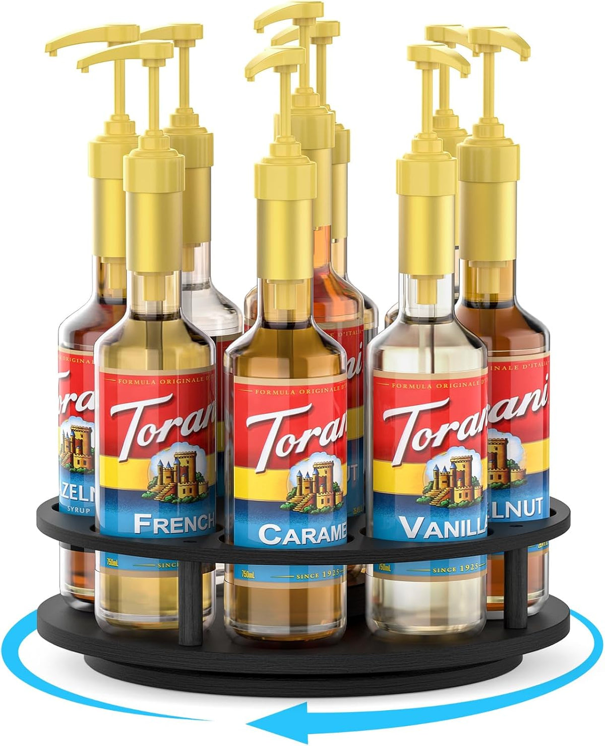 Rotating Coffee Syrup Organizer for Countertop, 9-Bottle Wooden Syrup Rack & Bottle Holder for Coffee Bar Station, Turntable Display Stand, Black