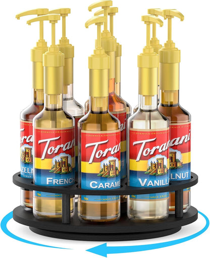 Rotating Coffee Syrup Organizer for Countertop, 9-Bottle Wooden Syrup Rack & Bottle Holder for Coffee Bar Station, Turntable Display Stand, Black