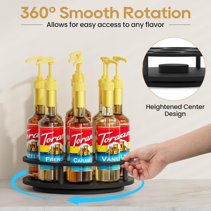 Rotating Coffee Syrup Organizer for Countertop, 9-Bottle Wooden Syrup Rack & Bottle Holder for Coffee Bar Station, Turntable Display Stand, Black